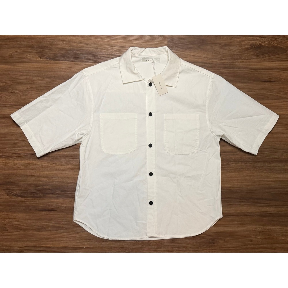 MNML Washed Poplin Button Up Shirt White Mens Short Sleeve Cotton Sz M